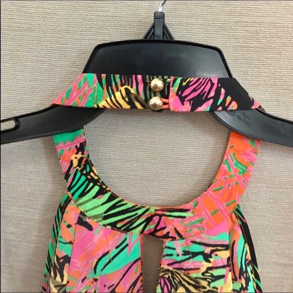 Macys Colorful Pink & Black Blouse Tropical Print Ruffle Halter Tank - Picture 3 of 6